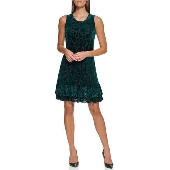 NWT TOMMY HILFIGER $129 FLOWER  BURNOUT VELVET GREEN RUFFLE DRESS SZ 16 - Picture 1 of 9